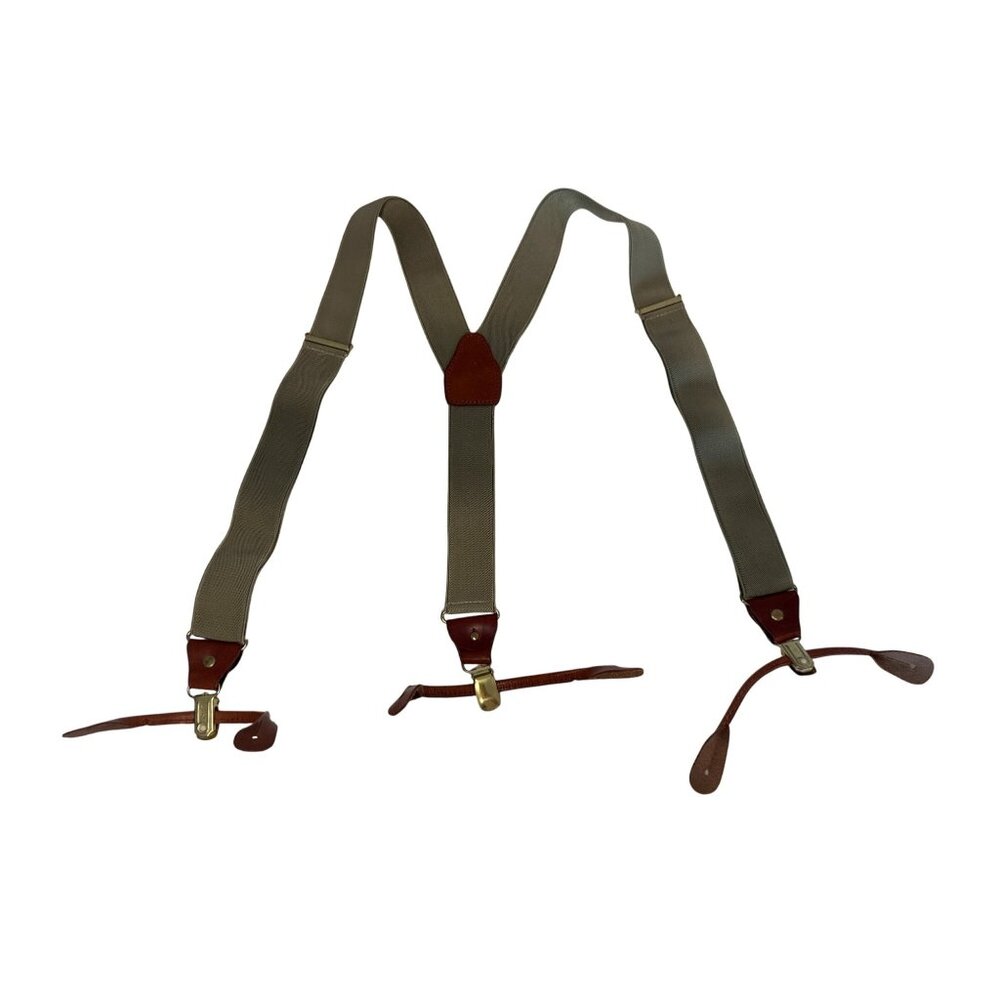 Pelican USA Mens Suspenders Tan/Brown Button Braces Leather Trim Brass Hardware